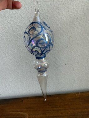 Iridescent Glass Finial Ornament with Blue Swirl Design